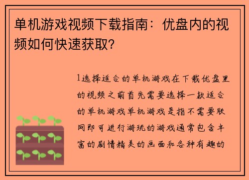 单机游戏视频下载指南：优盘内的视频如何快速获取？