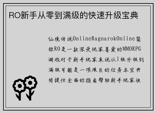 RO新手从零到满级的快速升级宝典